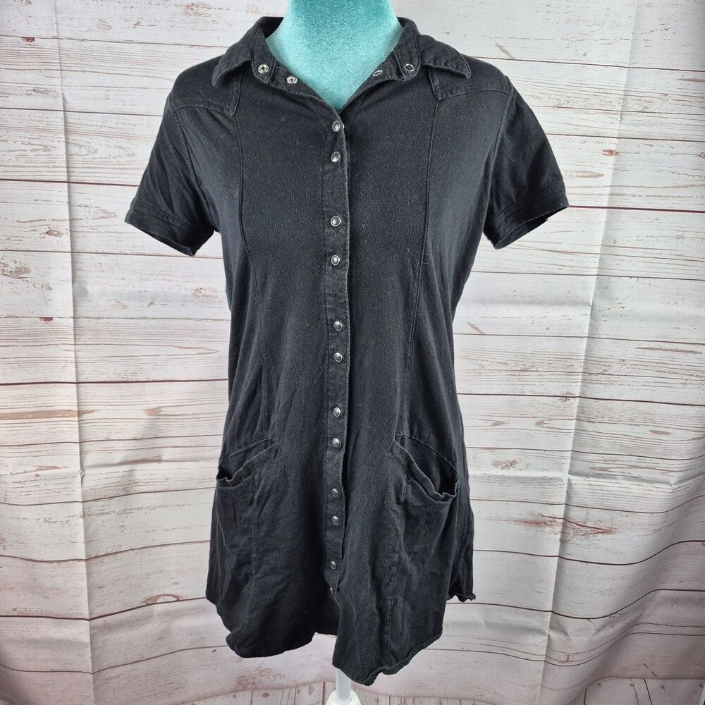 Vintage Unionbay Womens Y2K Size Large Black Tunic Top Snap Up Pockets Grunge